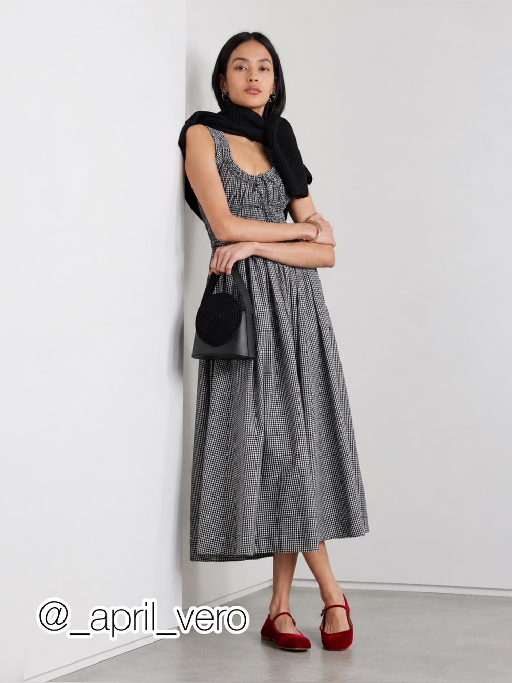 DÔEN Emmaretta Dress Black Gingham Smocked Midi Dress Size M